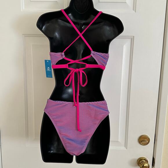 Cupshe Multicolor Pink V-Neck Crisscross Tie Back 2 Piece Swimsuit Size S NWT - Picture 3 of 6